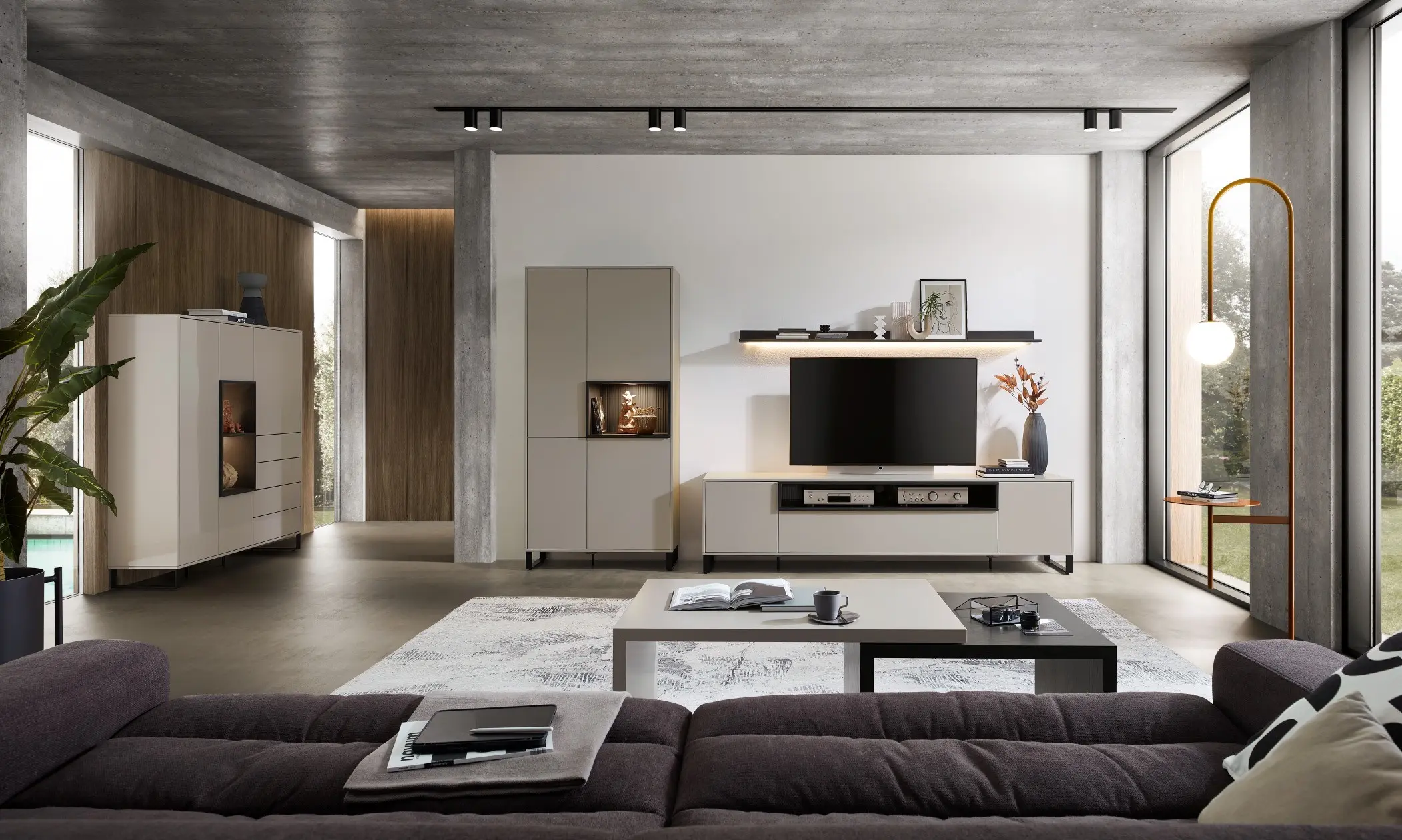 Sie sehen eine Wohmöbel auf Kufen mit Lowboard offen für Resiver und beleuchtem Regal